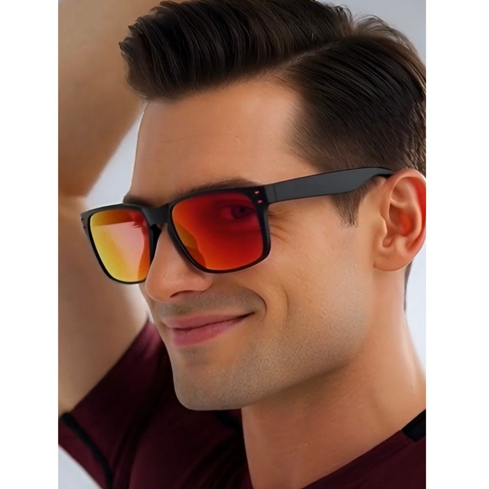 Men's Black Red Square Frame Mirrored Lens Sunglasses Sport Outdoor Eyewear 2026